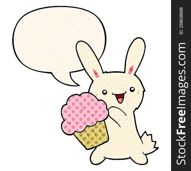 Cute Cartoon Rabbit And Muffin And Speech Bubble In Comic Book Style