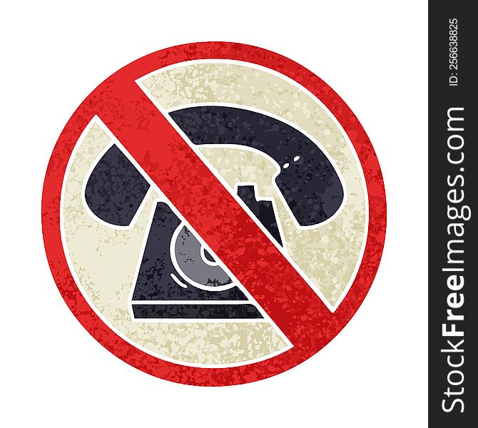 retro illustration style cartoon of a no phones allowed sign