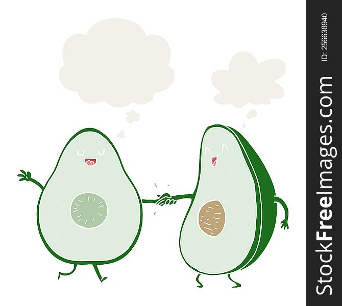 cartoon dancing avocados with thought bubble in retro style