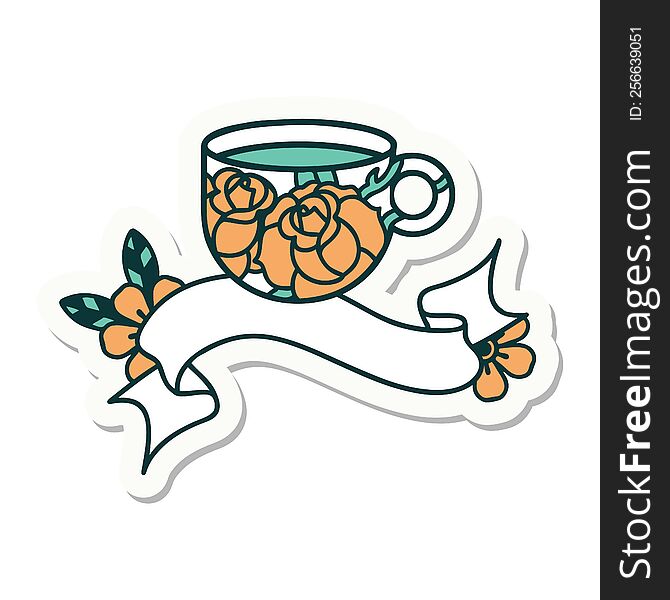 tattoo style sticker with banner of a cup and flowers