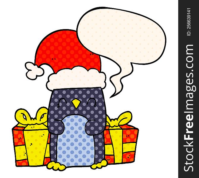 cute christmas penguin with speech bubble in comic book style