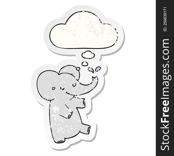 cartoon dancing elephant with thought bubble as a distressed worn sticker