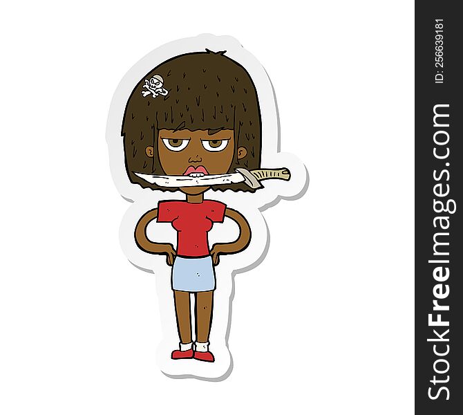 sticker of a cartoon woman with knife between teeth