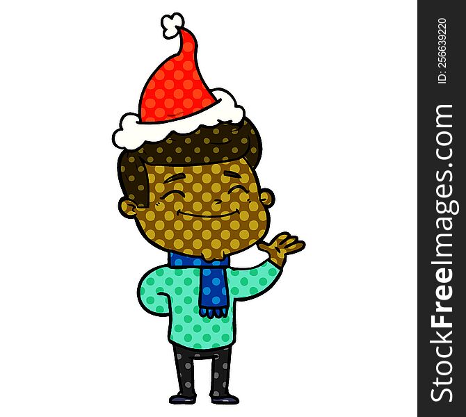 Happy Comic Book Style Illustration Of A Man Wearing Santa Hat