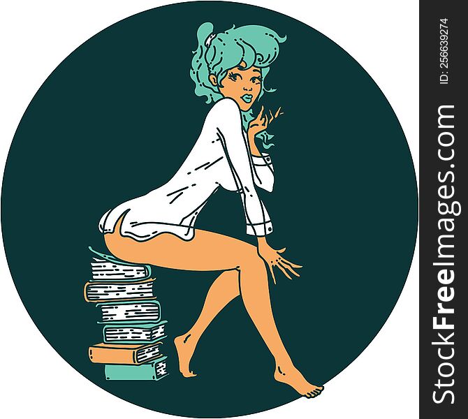 iconic tattoo style image of a pinup girl sitting on books. iconic tattoo style image of a pinup girl sitting on books