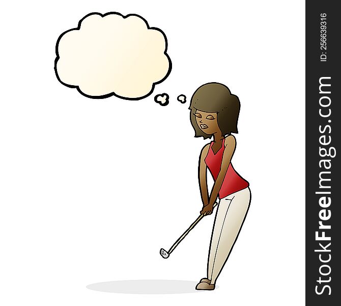 cartoon woman playing golf with thought bubble