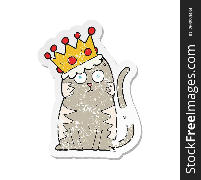 Retro Distressed Sticker Of A Cartoon Cat With Crown