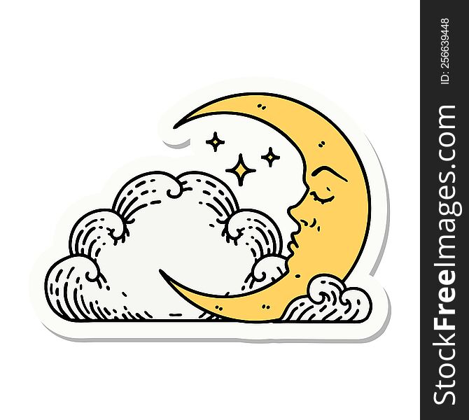 sticker of tattoo in traditional style of a crescent moon and clouds. sticker of tattoo in traditional style of a crescent moon and clouds