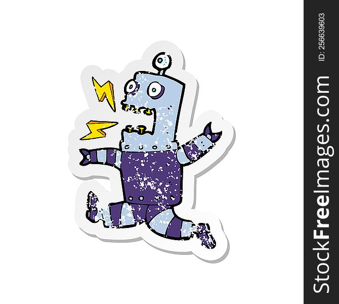Retro Distressed Sticker Of A Cartoon Terrified Robot