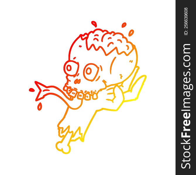 warm gradient line drawing of a cartoon halloween skull in zombie hand