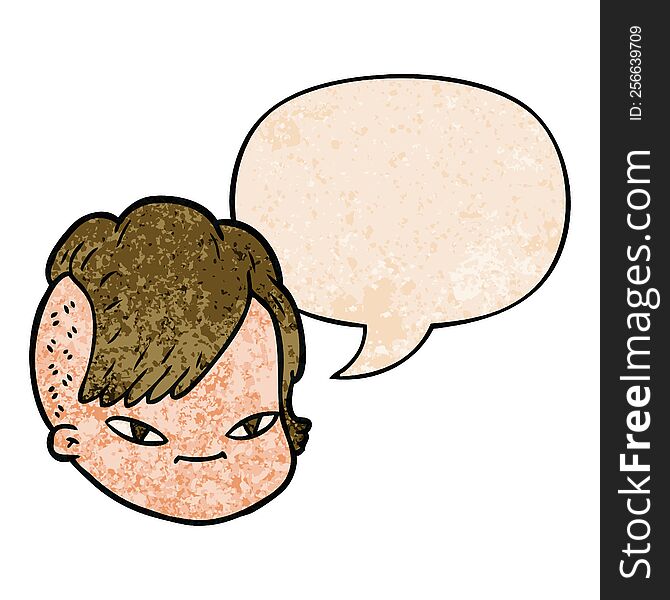 cartoon female face with speech bubble in retro texture style