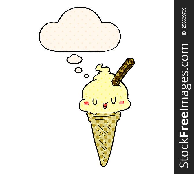 Cute Cartoon Ice Cream And Thought Bubble In Comic Book Style