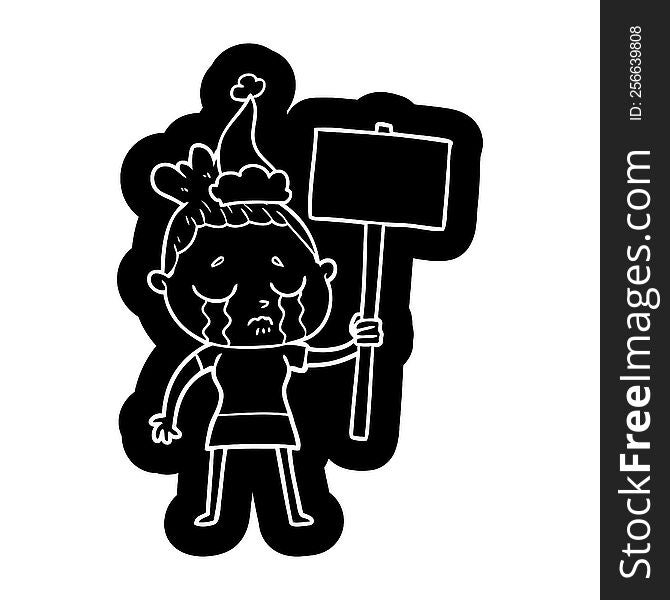 quirky cartoon icon of a crying woman with protest sign wearing santa hat
