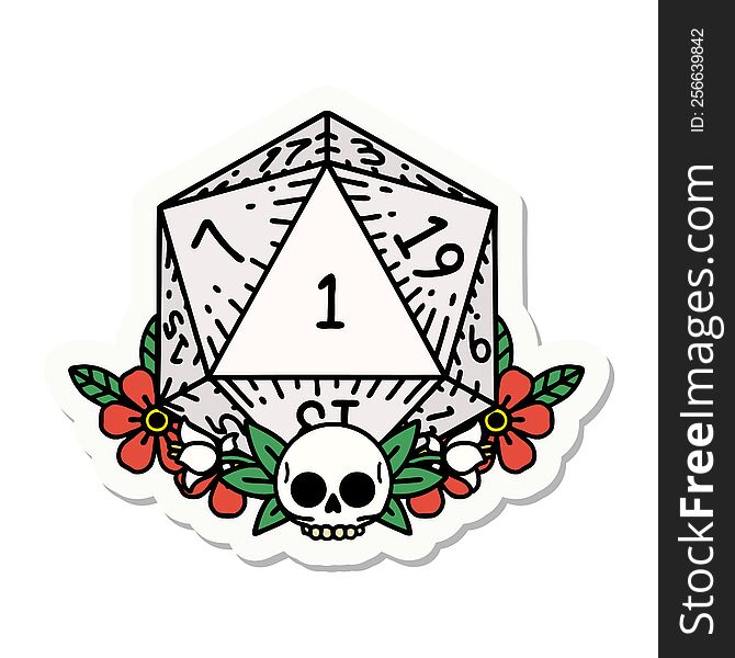 sticker of a natural one dice roll with floral elements. sticker of a natural one dice roll with floral elements