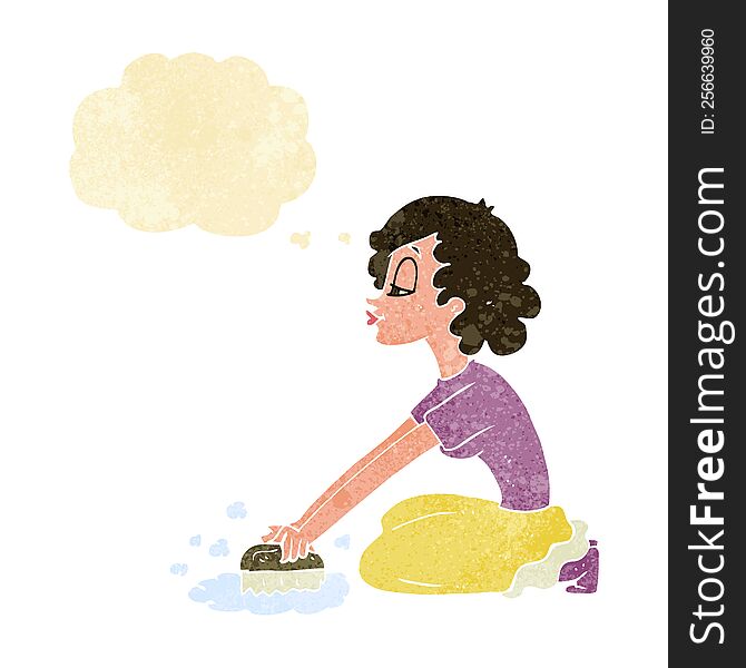 cartoon woman scrubbing floor with thought bubble