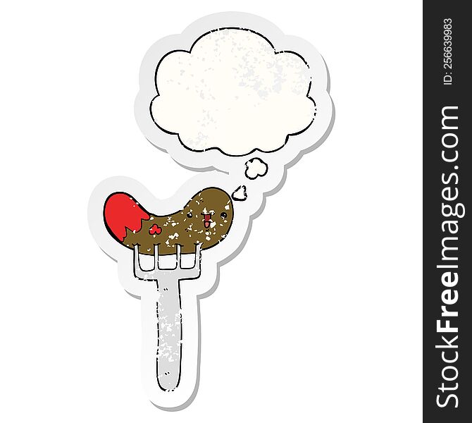 cartoon sausage and fork with thought bubble as a distressed worn sticker