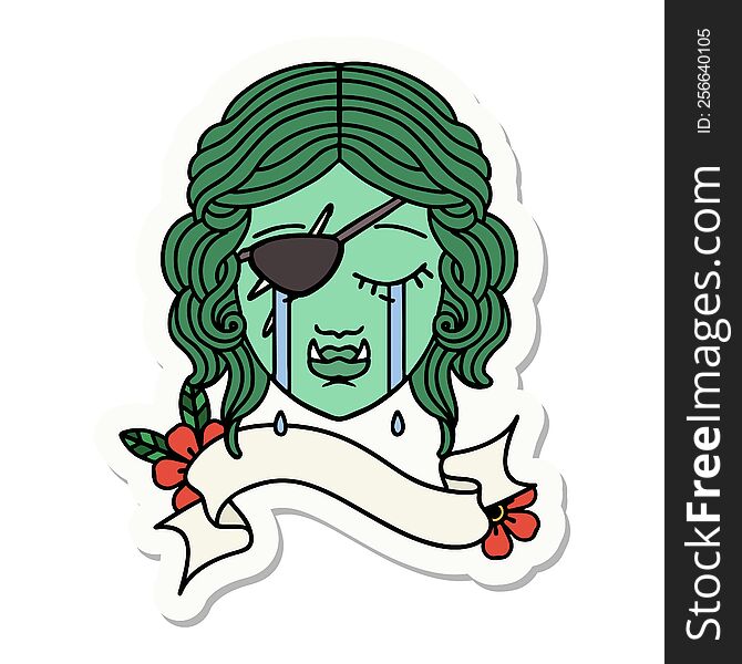 sticker of a crying orc rogue character face. sticker of a crying orc rogue character face