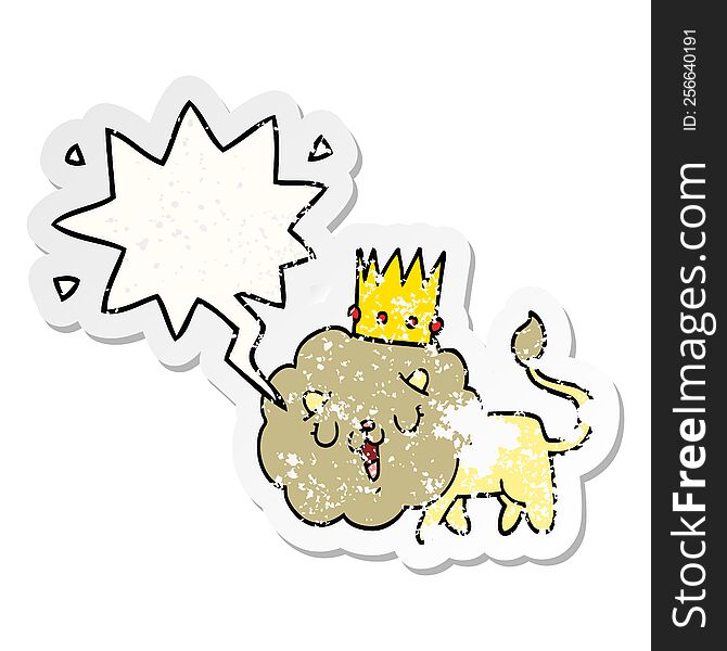 Cartoon Lion And Crown And Speech Bubble Distressed Sticker