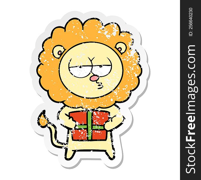 distressed sticker of a cartoon bored lion with present