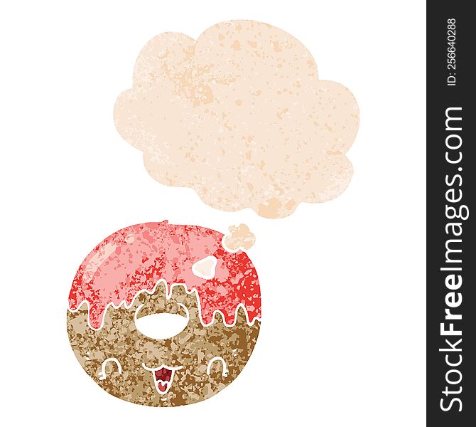 Cute Cartoon Donut And Thought Bubble In Retro Textured Style