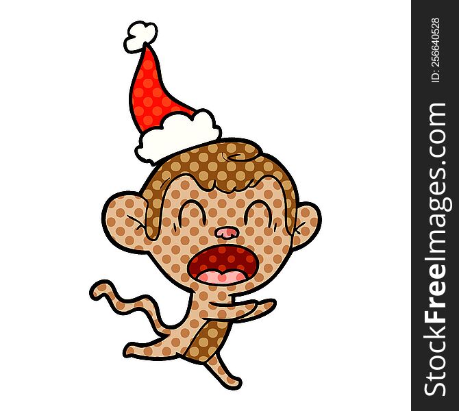 Shouting Comic Book Style Illustration Of A Monkey Wearing Santa Hat