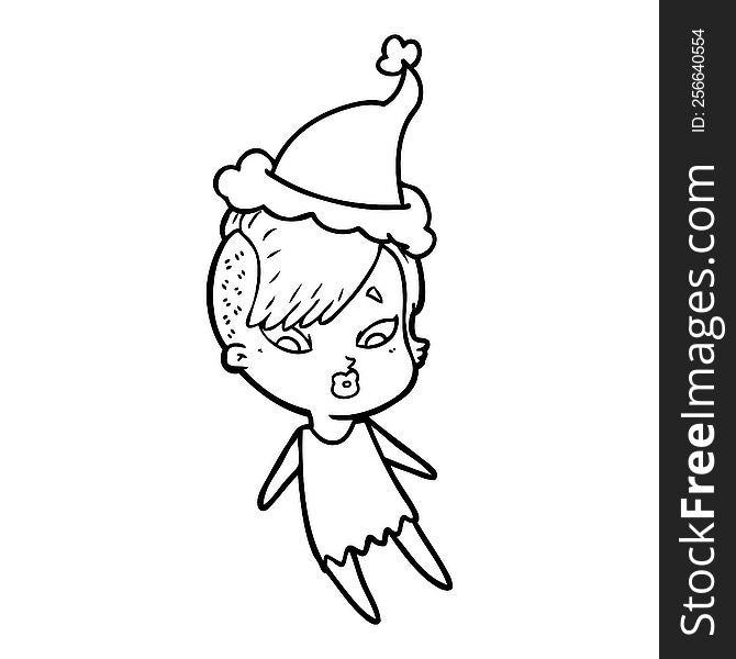 Line Drawing Of A Surprised Girl Wearing Santa Hat