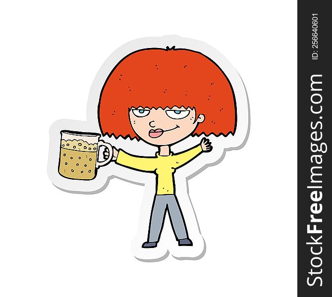 sticker of a cartoon woman with mug of beer
