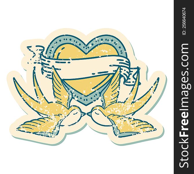 iconic distressed sticker tattoo style image of swallows and a heart with banner. iconic distressed sticker tattoo style image of swallows and a heart with banner