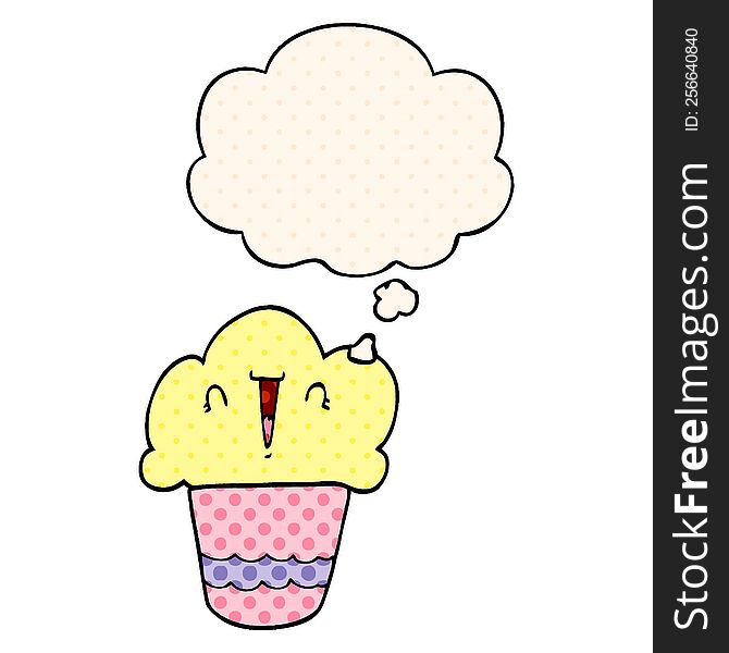 cartoon cupcake with face and thought bubble in comic book style