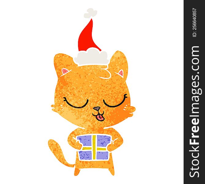 Cute Retro Cartoon Of A Cat Wearing Santa Hat