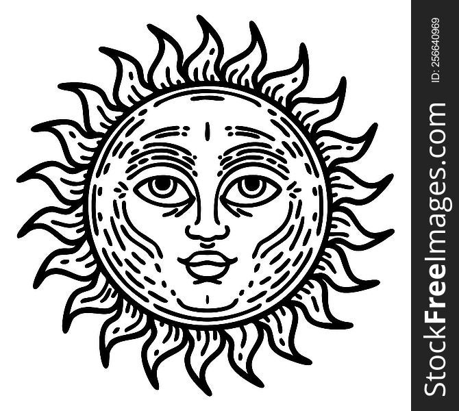 Black Line Tattoo Of A Sun With Face