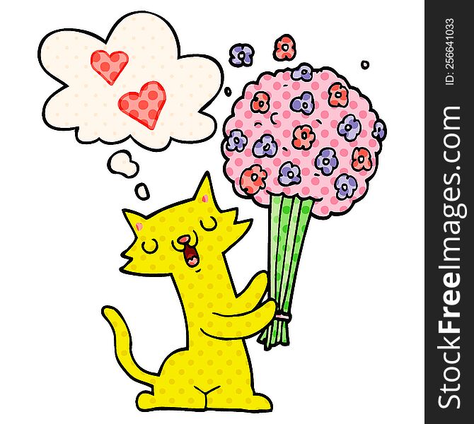 Cartoon Cat In Love With Flowers And Thought Bubble In Comic Book Style