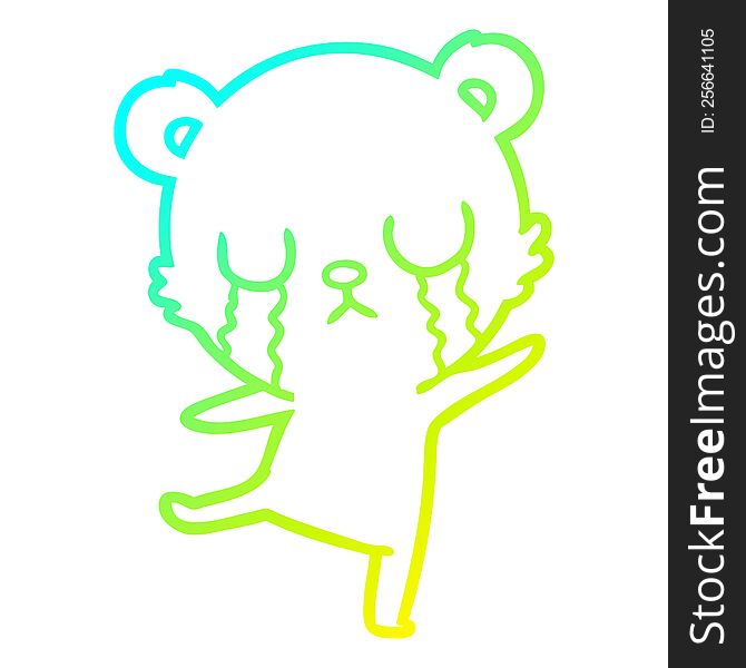 cold gradient line drawing of a crying cartoon bear doing a sad dance
