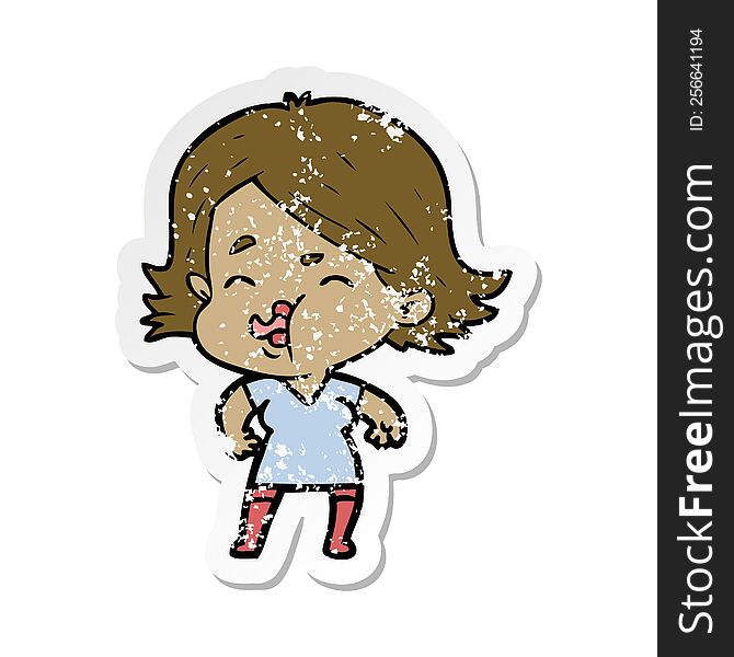 Distressed Sticker Of A Cartoon Girl Pulling Face