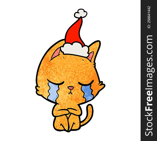 Crying Textured Cartoon Of A Cat Sitting Wearing Santa Hat