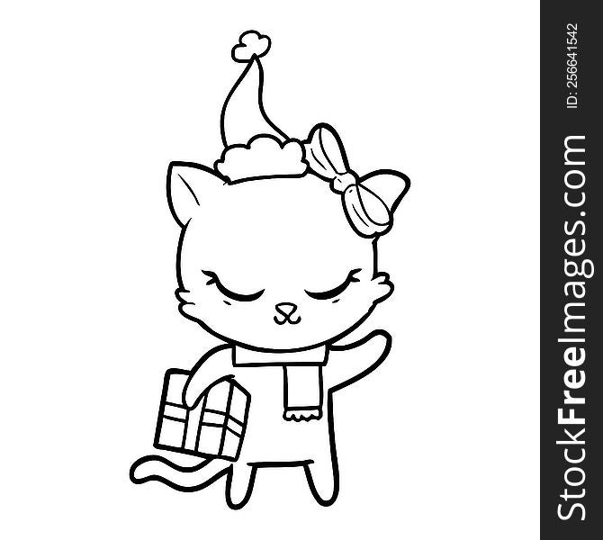 Cute Line Drawing Of A Cat With Present Wearing Santa Hat