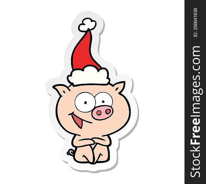 cheerful sitting pig sticker cartoon of a wearing santa hat