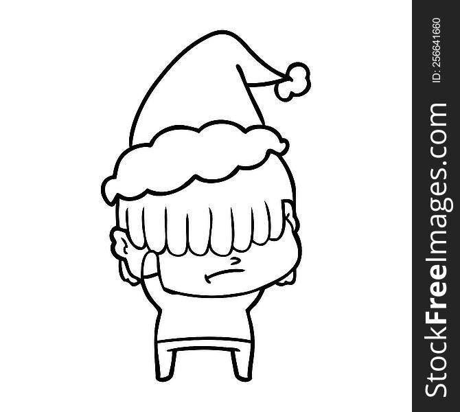 hand drawn line drawing of a boy with untidy hair wearing santa hat