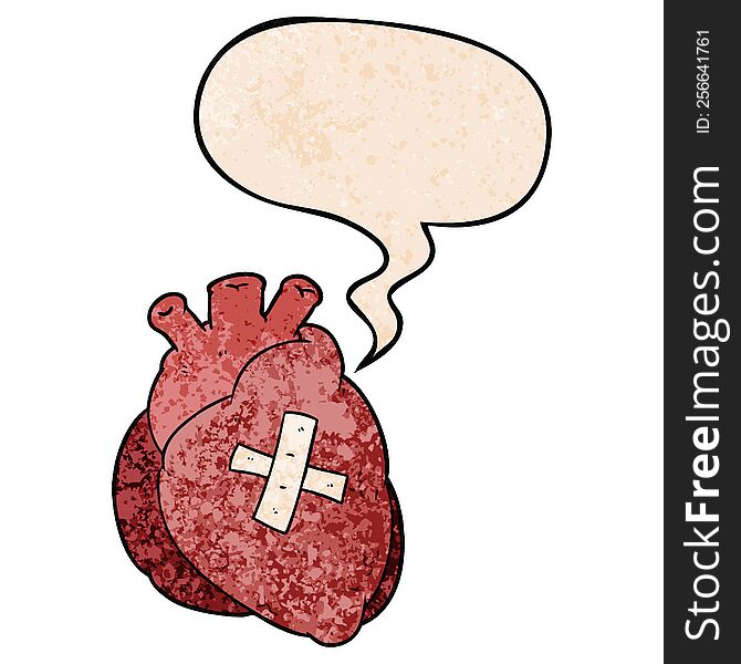 cartoon heart with speech bubble in retro texture style
