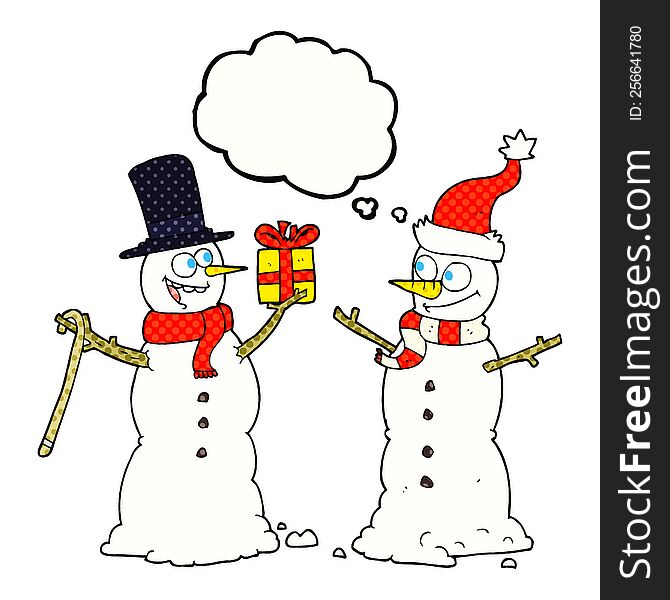 freehand drawn thought bubble cartoon snowmen exchanging gifts