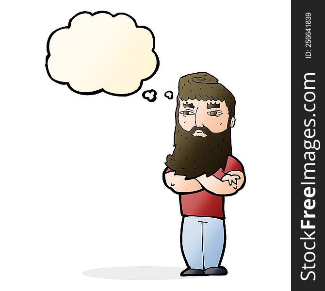 cartoon serious man with beard with thought bubble