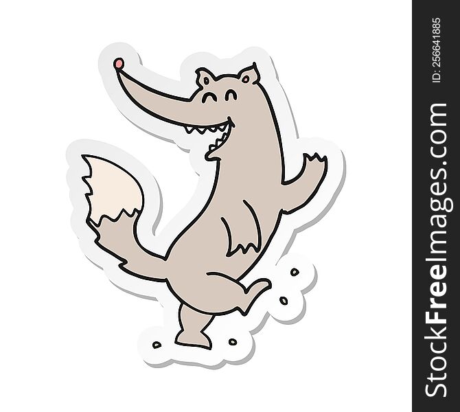 Sticker Of A Cartoon Happy Wolf Dancing