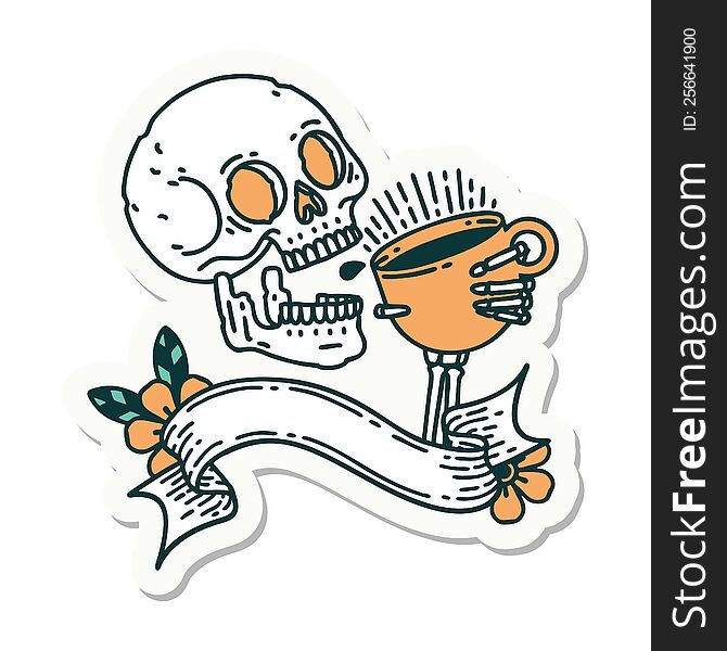 tattoo style sticker with banner of a skull drinking coffee