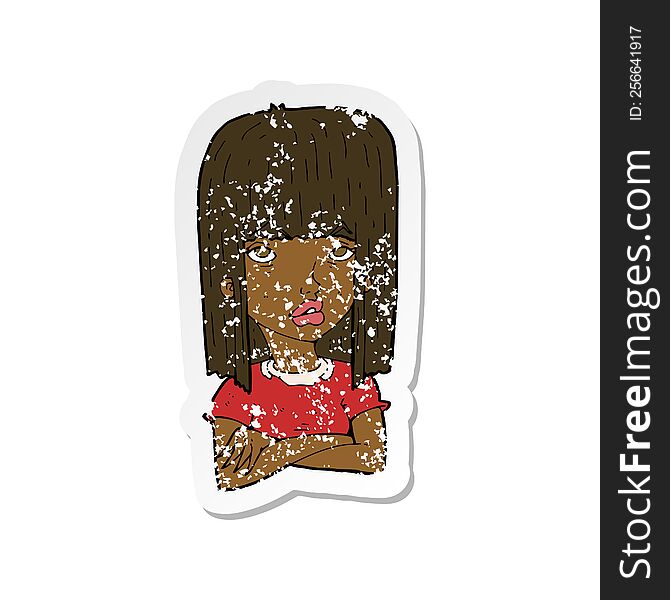 Retro Distressed Sticker Of A Cartoon Girl With Folded Arms