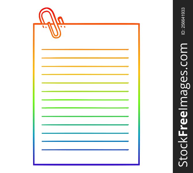 rainbow gradient line drawing of a cartoon lined paper with paperclip