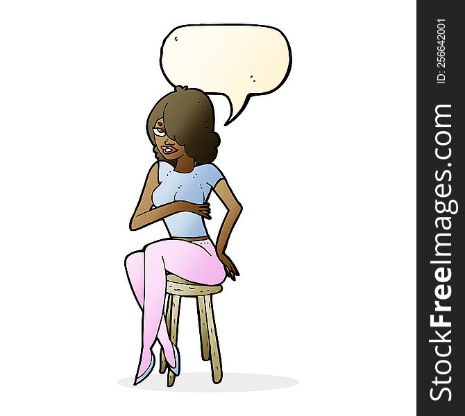 cartoon woman sitting on bar stool with speech bubble