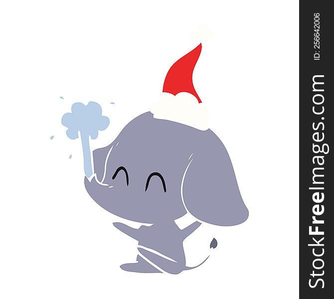 cute hand drawn flat color illustration of a elephant spouting water wearing santa hat