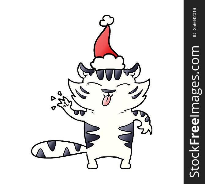 Gradient Cartoon Of A White Tiger Wearing Santa Hat