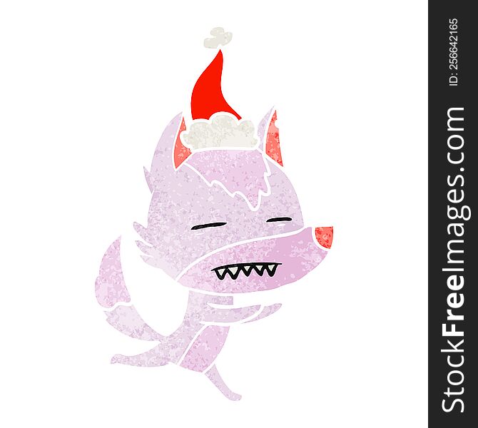 Retro Cartoon Of A Wolf Showing Teeth Wearing Santa Hat