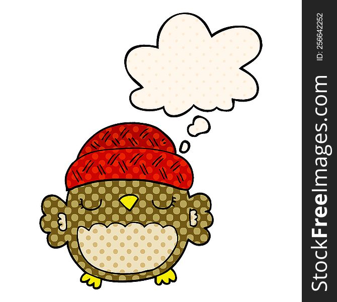 cute cartoon owl in hat with thought bubble in comic book style